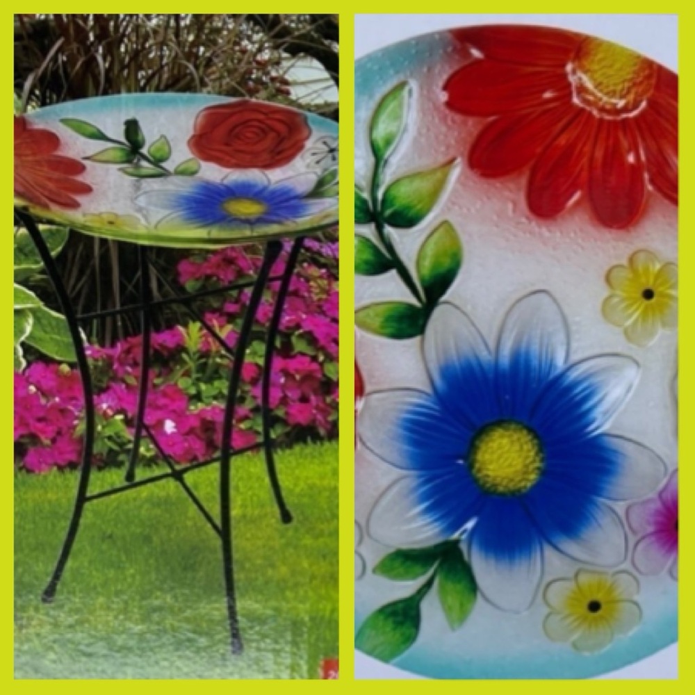 NIB Bright Colored Floral or Peacock Garden Glass Bird Bath w/ Stand